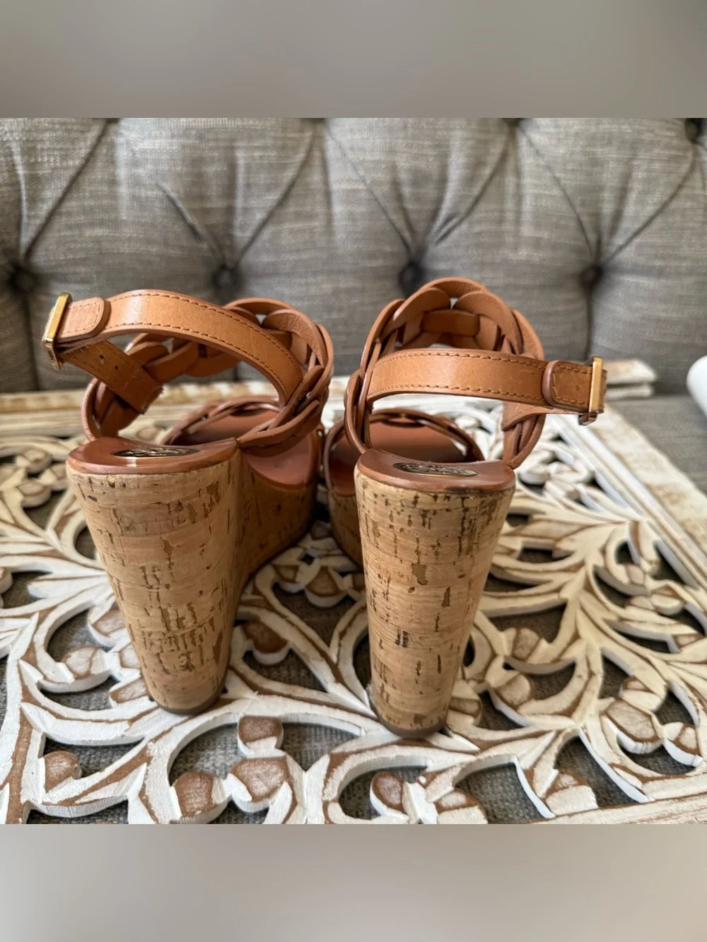 Tory Burch Tan Woven Leather Cork Wedge Sandals Shoes Women’s 8.5